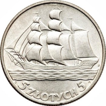 Rewers monety 5-złotowej z 1936 roku "Żaglowiec"